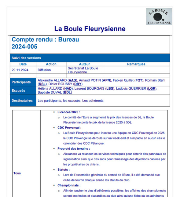 Compte-rendu réunion du bureau du 29/11/2024