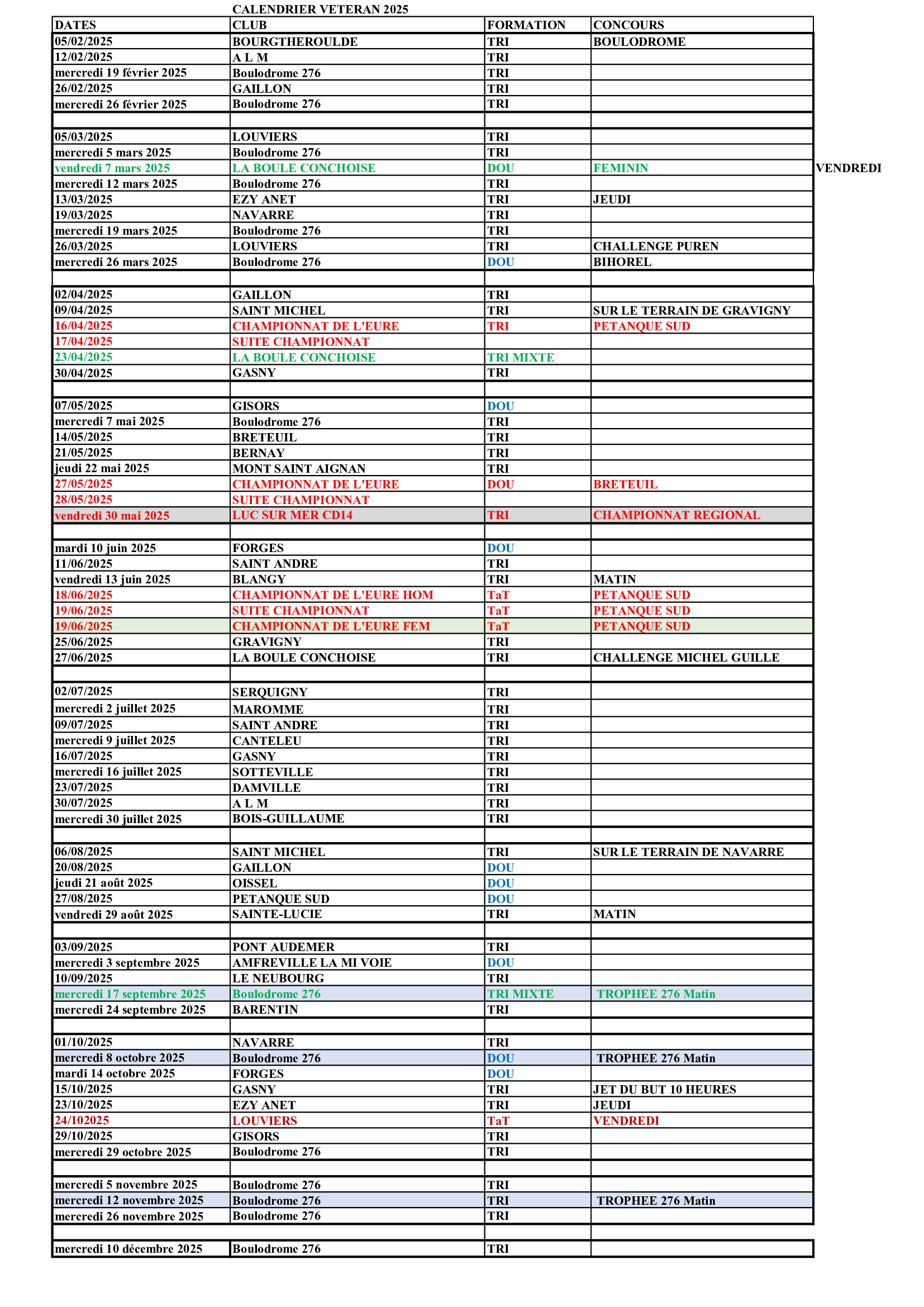 Calendrier 2025 Vétéran