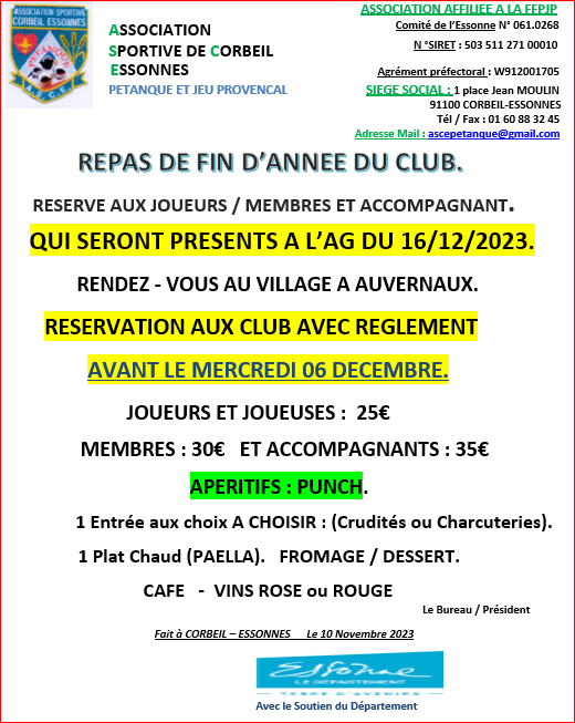 RESERVATION REPAS DE FIN D'ANNEE 2023