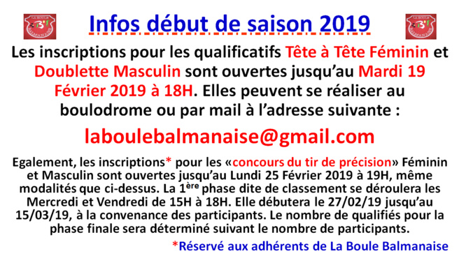 Infos début de saison 2019