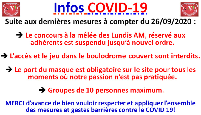 COVID19 Mesures à compter du 26/09/2020