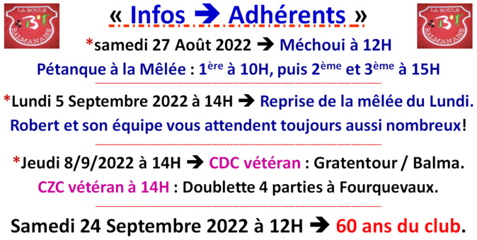 Infos rentrée 2022 ==> Adhérents LBB