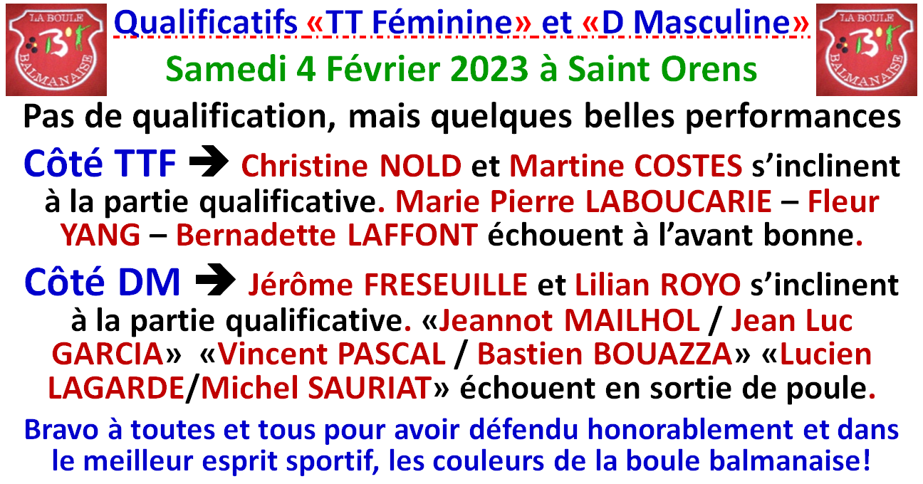 Qualificatifs TTSF + DSM Saint Orens 04/02/23