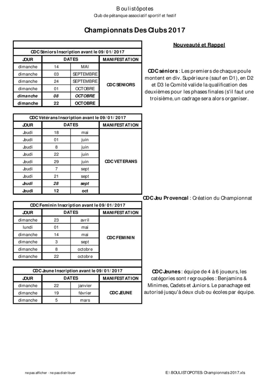 Les Championnats des Clubs 2017 - Calendriers et infos