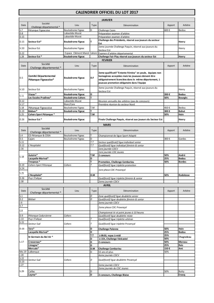 Calendrier des Concours Officiels 2017 Aveyron et voisinage