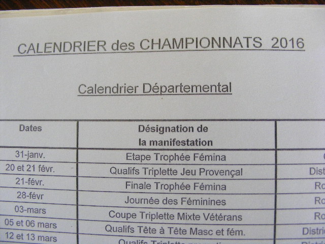 Calendrier des Championnats 2016