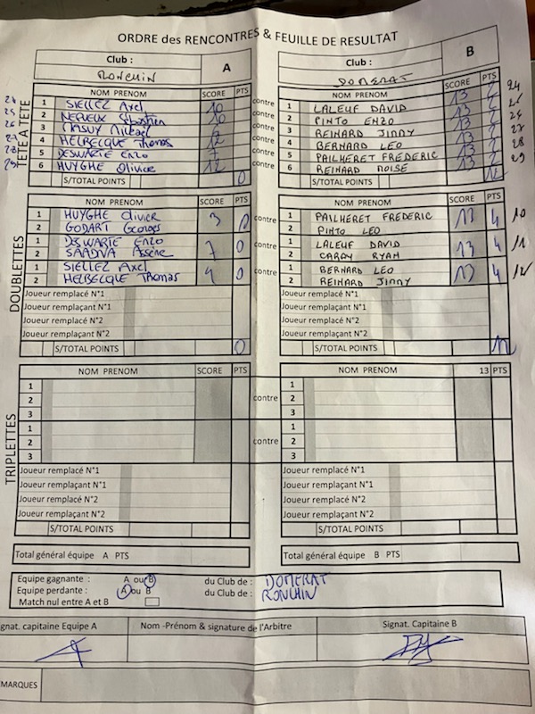 Feuille de match contre Ronchin