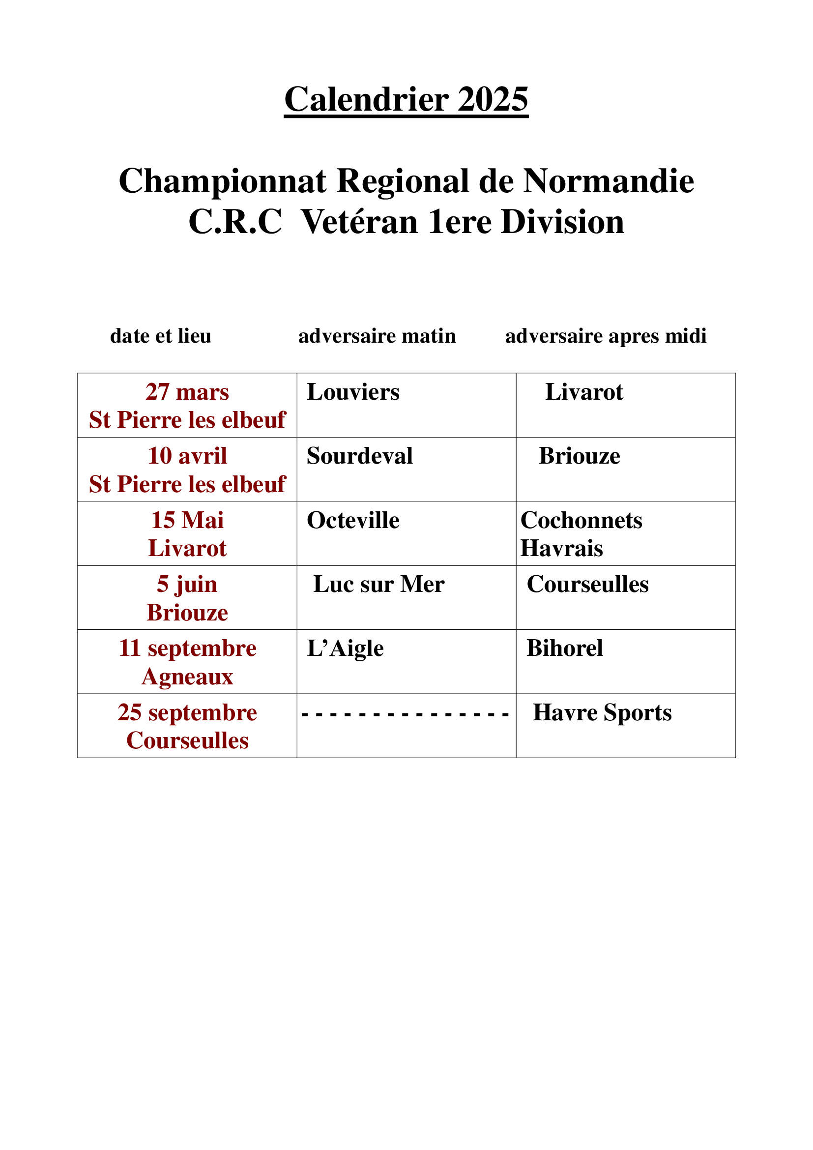 Calendrier Championnats de Normandie des clubs Vétéran 1ere Division