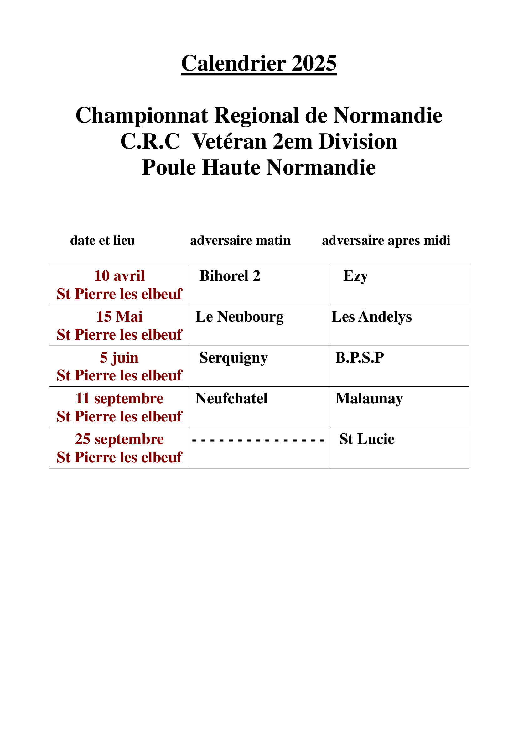 Calendriers Championnats de Normandie vétéran des clubs 2em division