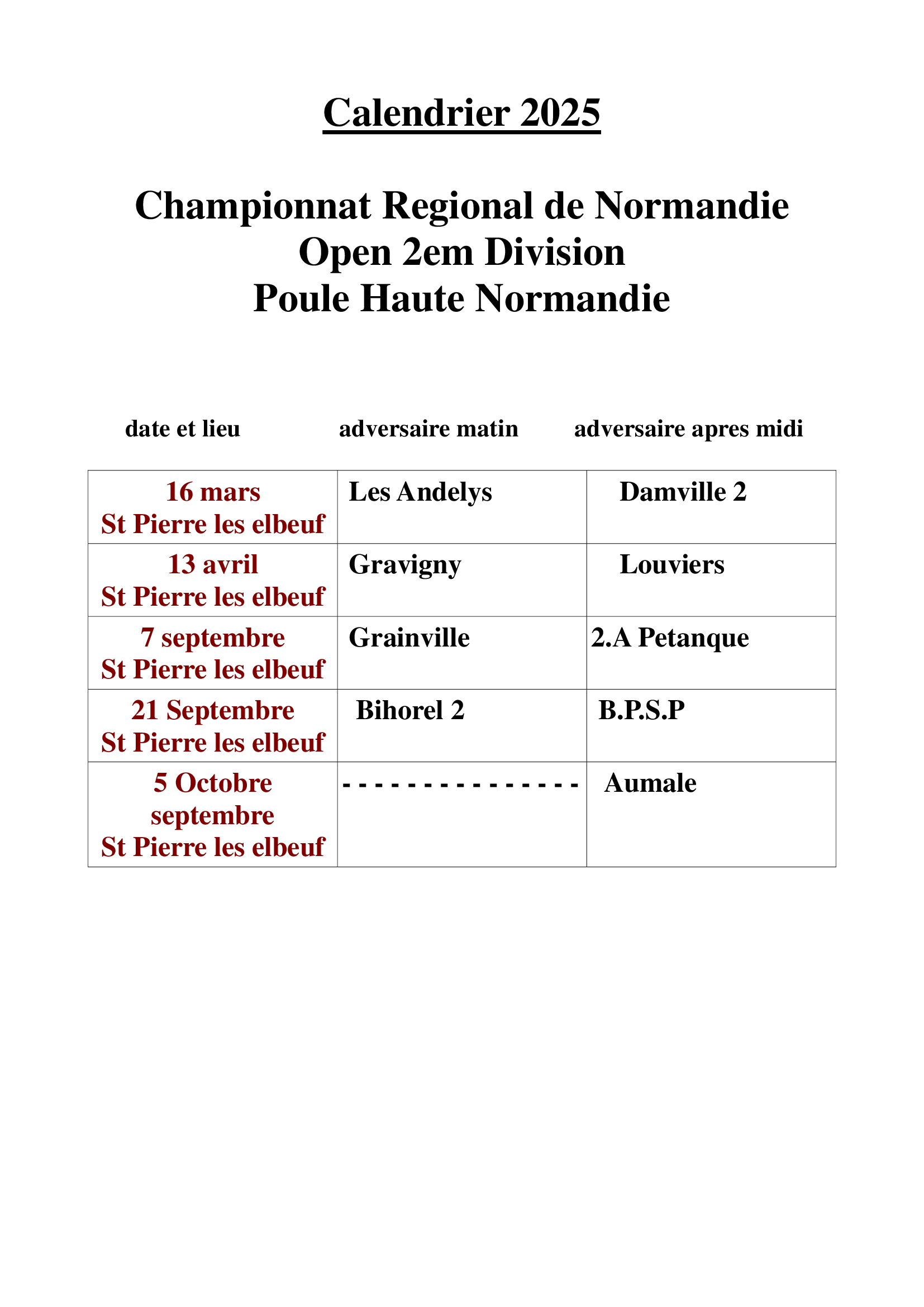 Calendriers Championnats Open de Normandie des clubs 2em division