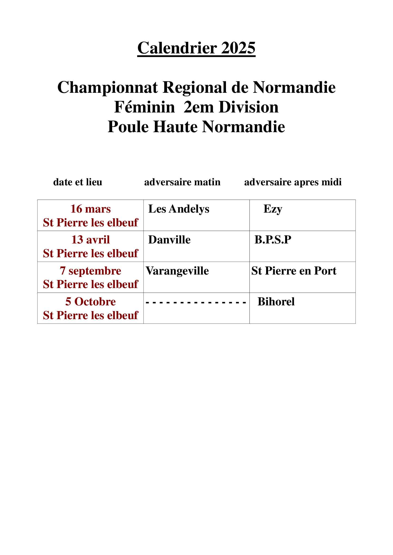 Calendriers Championnats de Normandie féminin des clubs 2em division