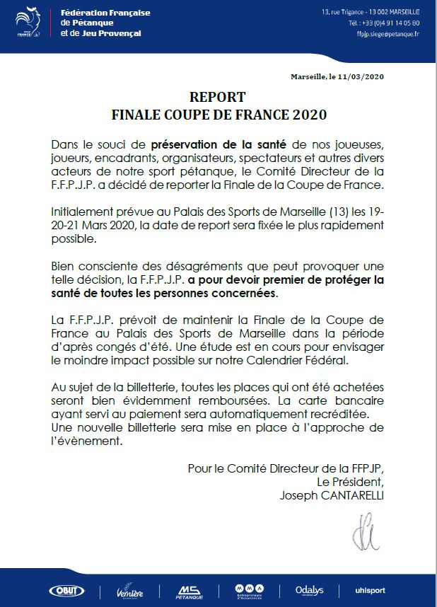 Finale de la coupe de France des clubs reportée.