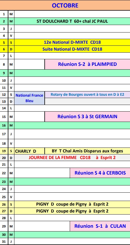 CALENDRIER DU MOIS D'OCTOBRE