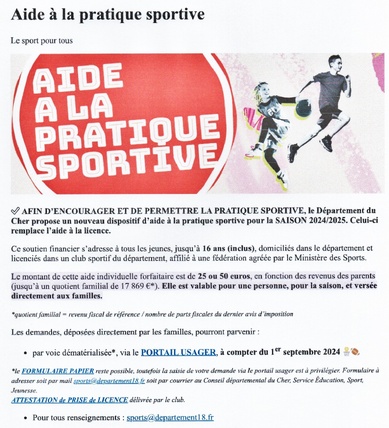 Conseil général du Cher - Aide à la pratique sportive pour les jeunes