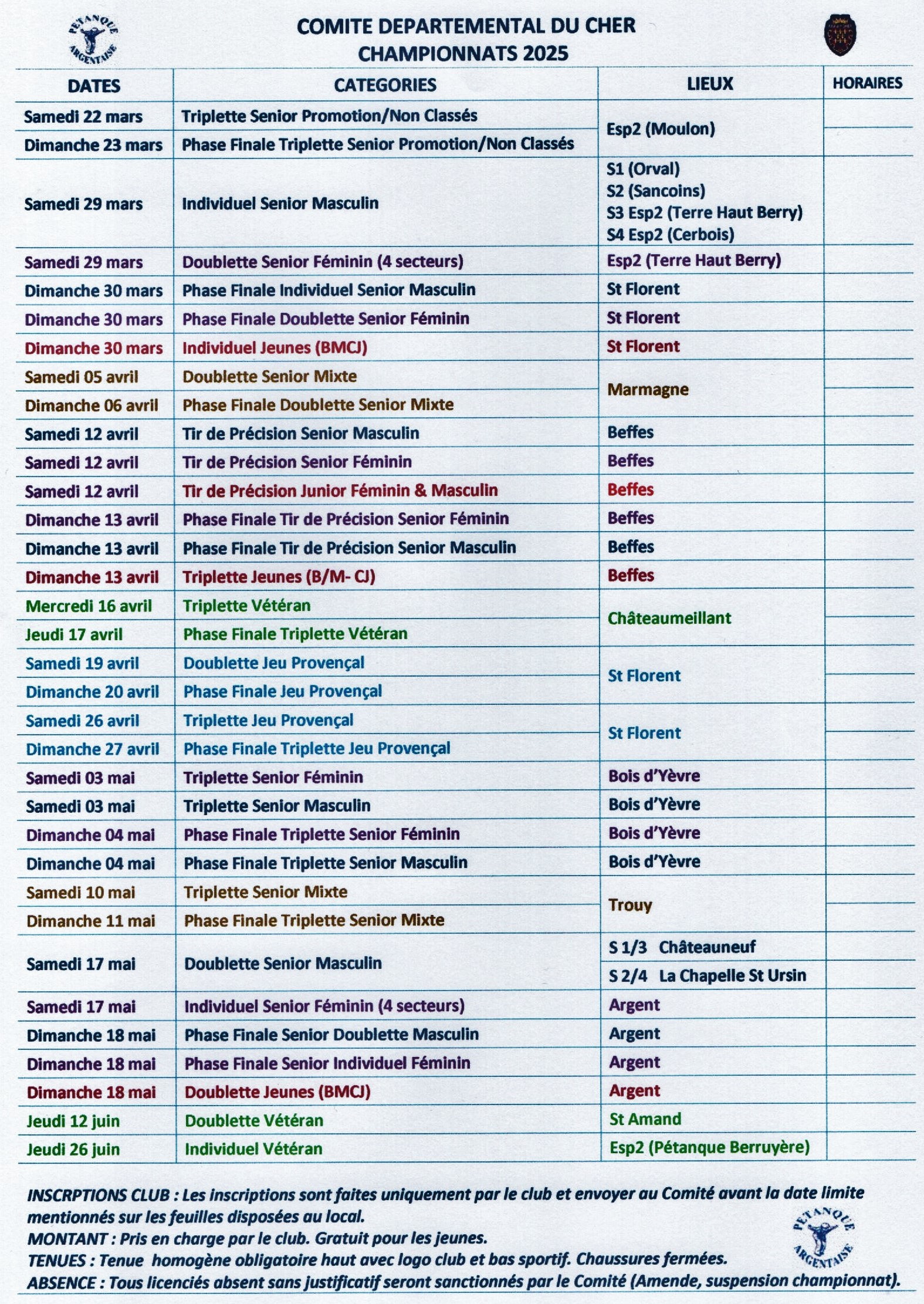 CD18 - Calendrier des championnats 2025