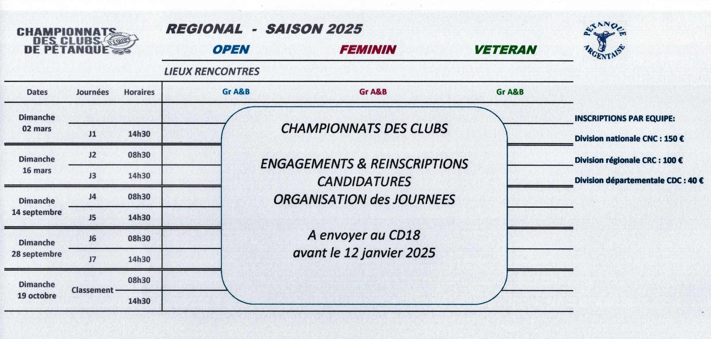 Championnats Régional des clubs "CRC" - Saison 2025