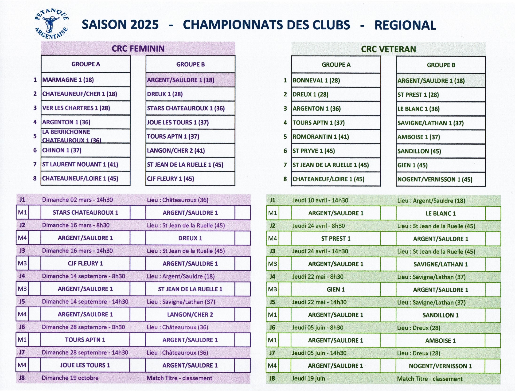 Championnats Régionaux des Clubs - Calendrier Saison 2025