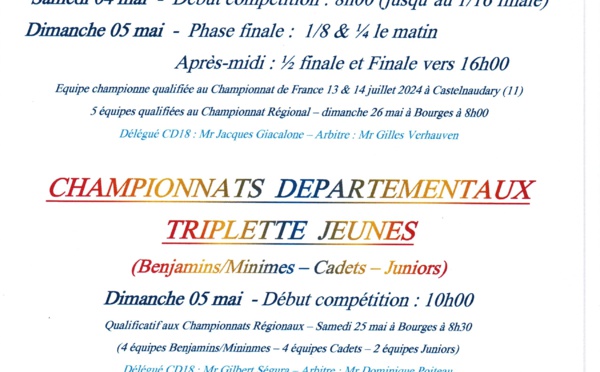 04 &amp; 05 mai : Championnat Triplette Promotion + Triplette jeunes