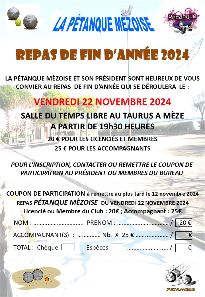 CONVOCATION 2024 A L'AG ANNUELLE & REPAS DE LA PETANQUE MEZOISE