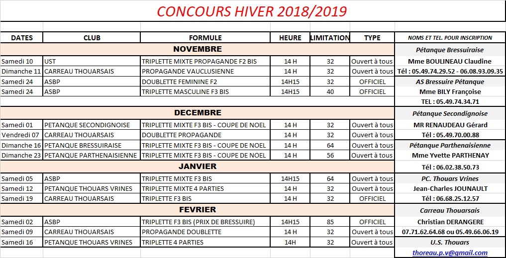 Calendrier Hiver 2018-2019
