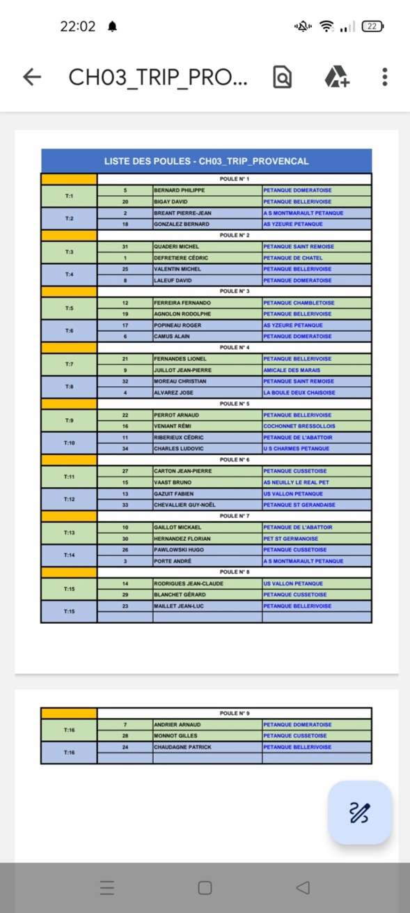 TIRAGE DU CHAMPIONNAT D'ALLIER TRIPLETTE PROVENCAL A TRONGET