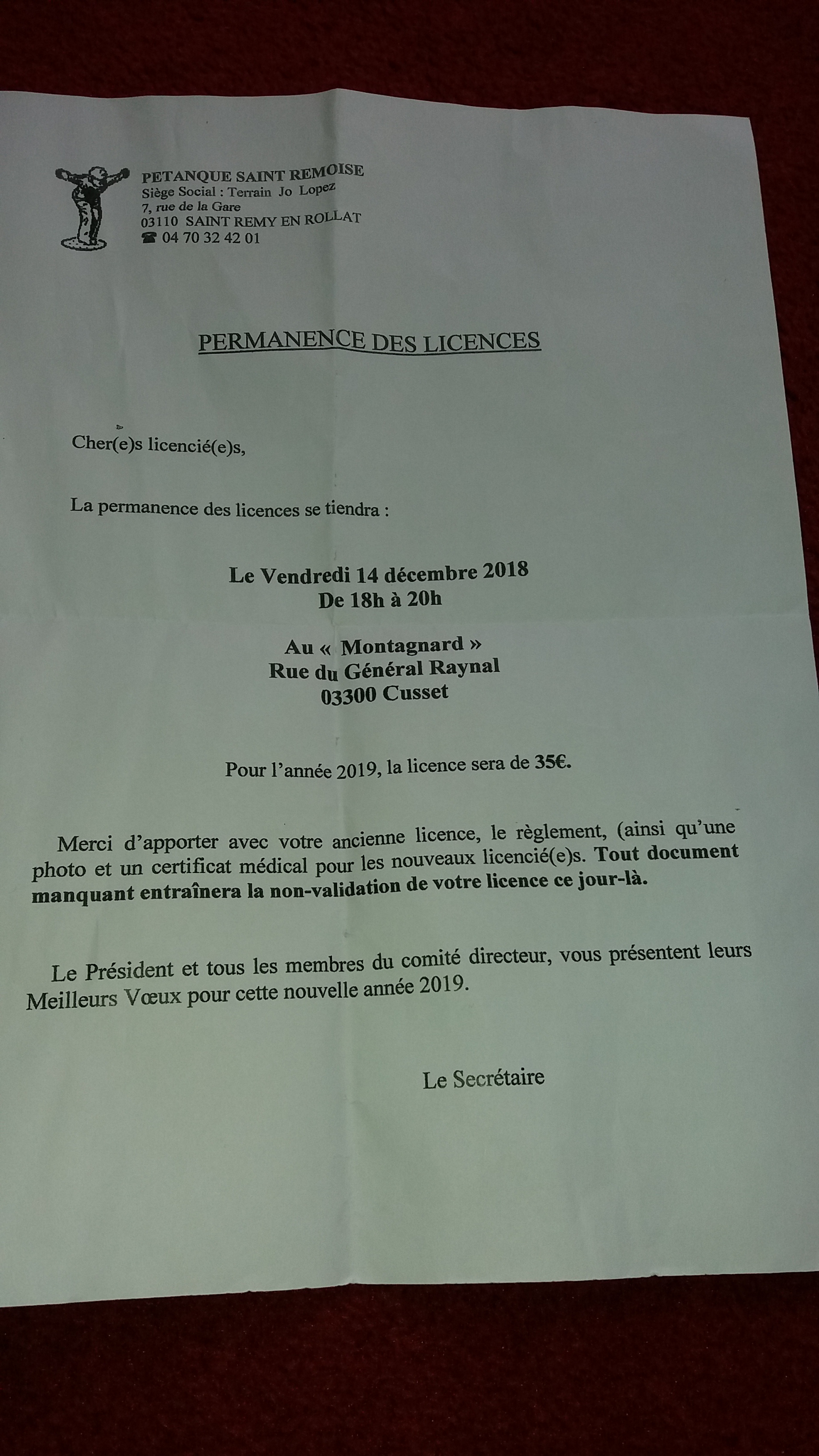 PERMANENCE DES LICENCES 2019