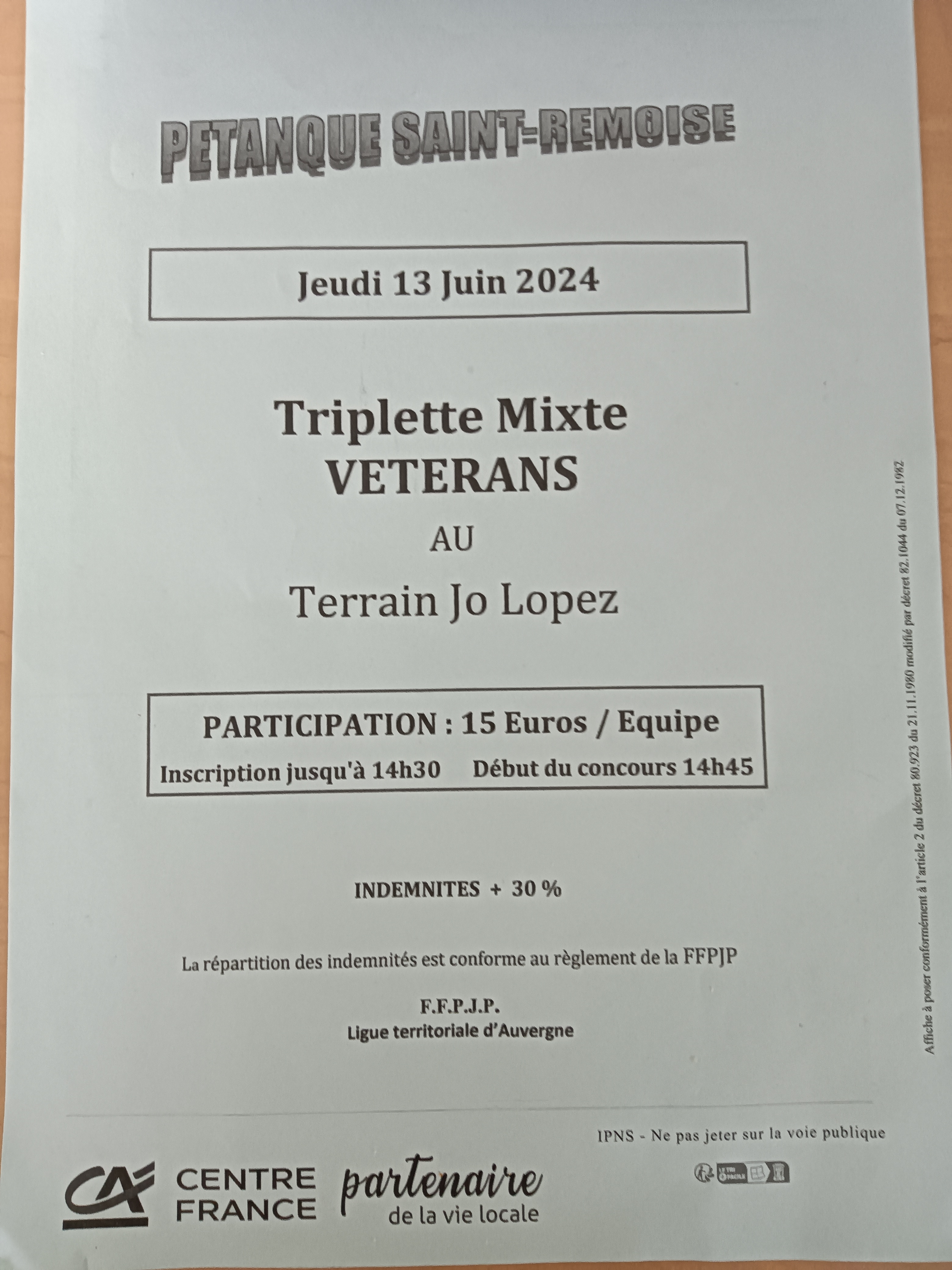 CONCOURS TRIPLETTE MIXTE VÉTÉRAN DU JEUDI 13 JUIN 2024