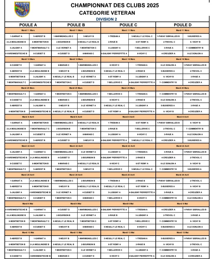 TIRAGE DU CHAMPIONNAT DES CLUBS VETERANS