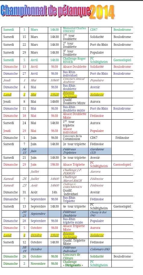 voici le le calendrier 2014