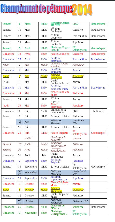 voici le le calendrier 2014